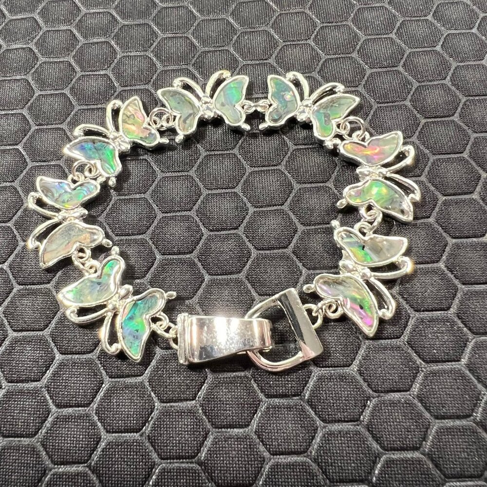 Butterfly Bracelet with Green Abalone Stones 18K White Gold Plated